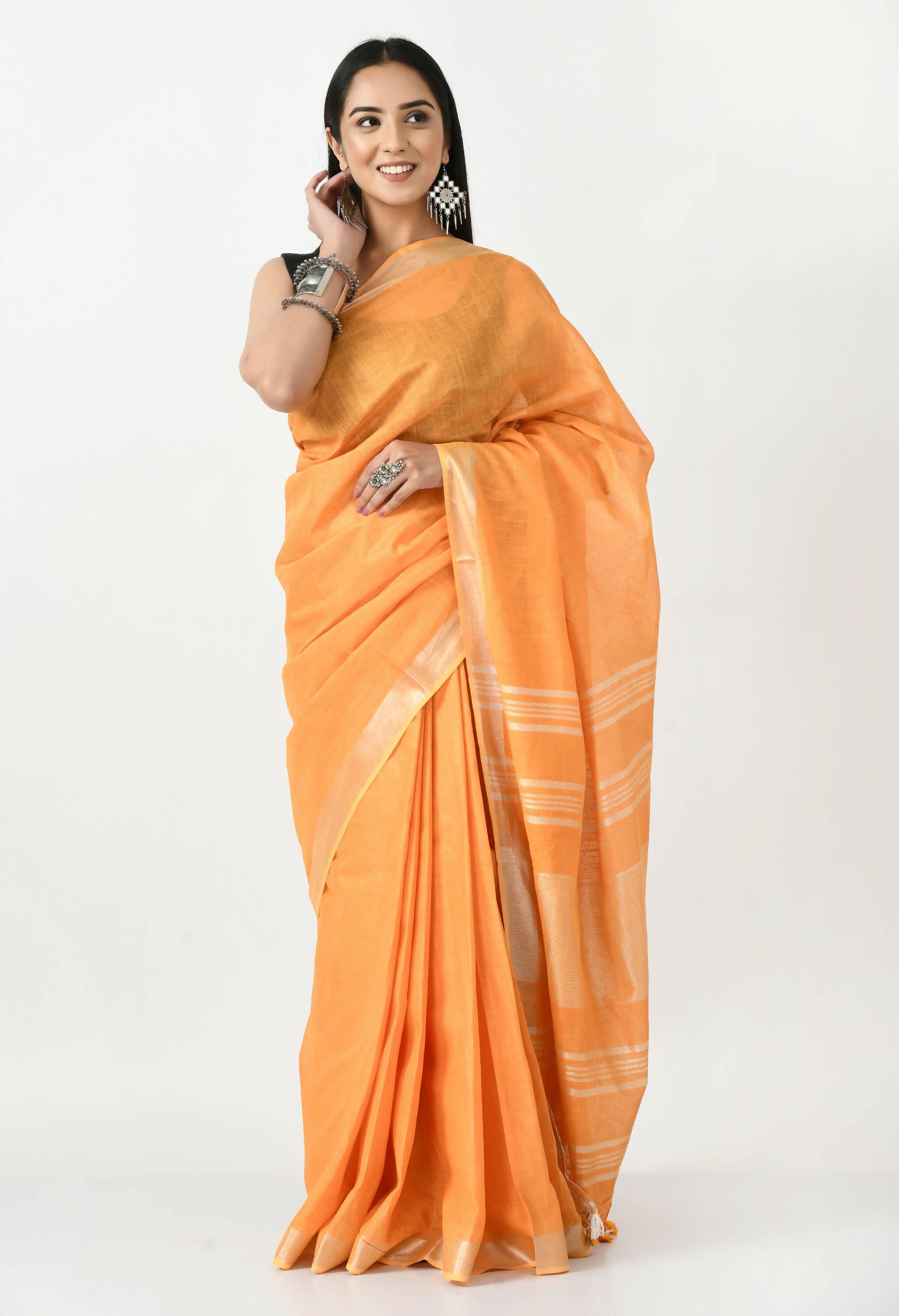 Mominos Fashion Moeza Orange Bhagalpuri Handloom Silk Linen Saree with unstitched Blouse piece - Distacart