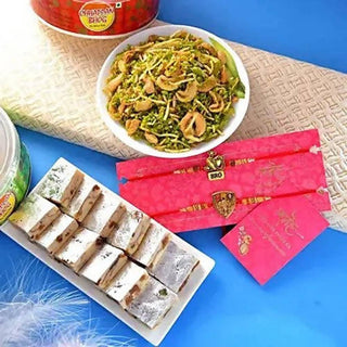 Sea Blue Embellished Rakhi & Kaju Anjeer Barfi Hamper