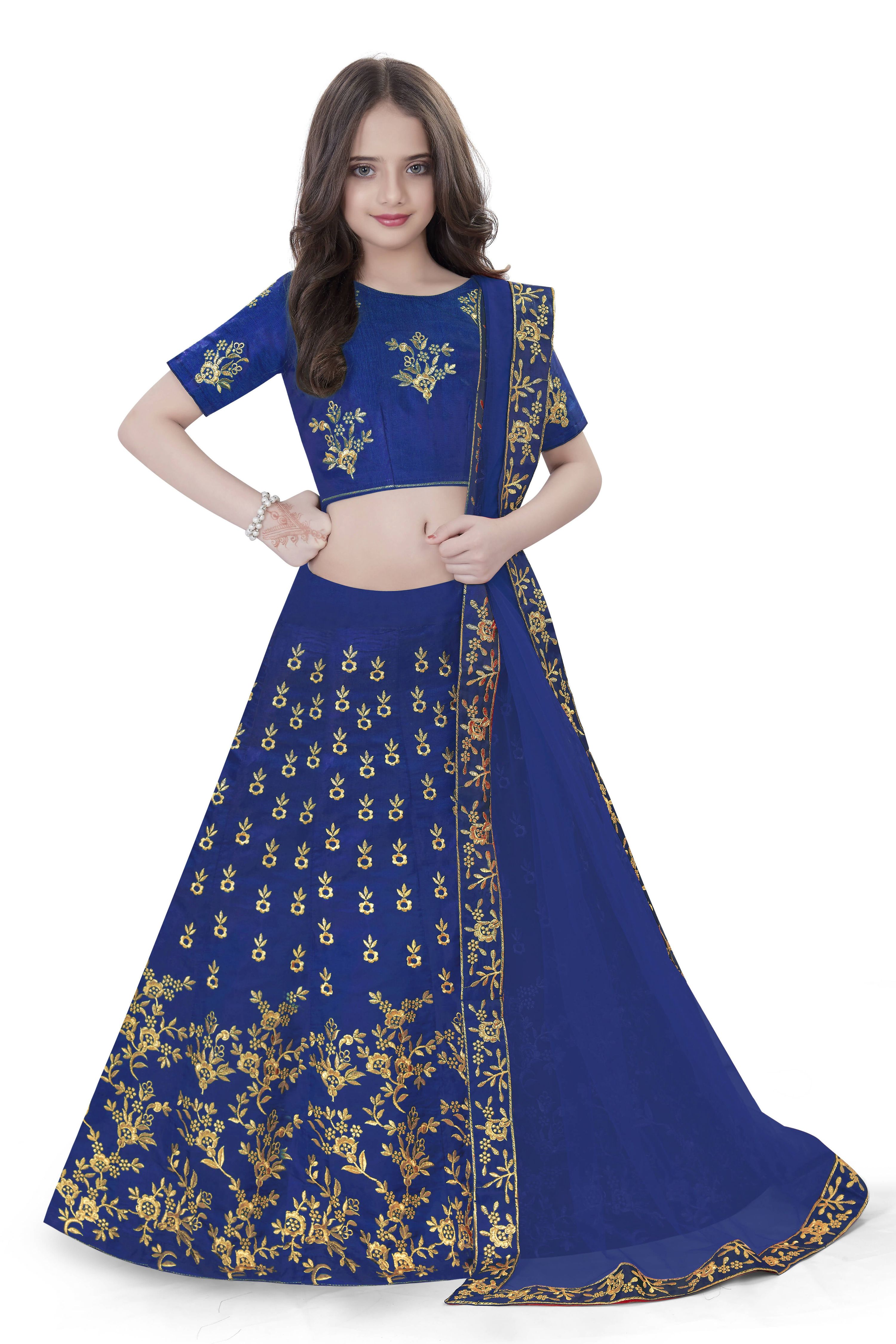 Dwiden Royal Blue Baby Doll Tafetta Sattin Semi-Stitched Girl's Lehenga Choli - Distacart