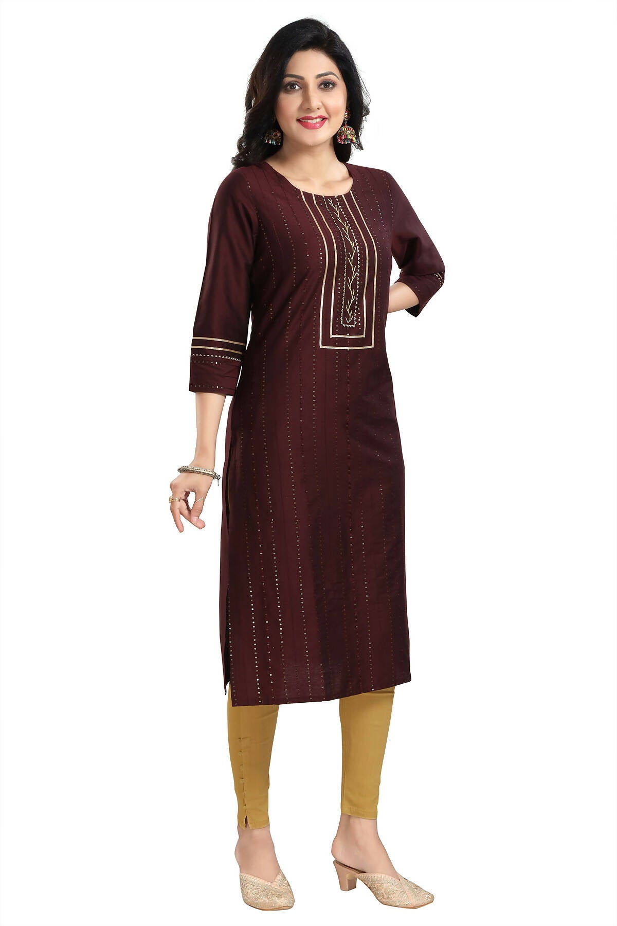Snehal Creations Beautiful Brown Cotton Silk Designer Long Kurti Tunic With Sequines Embroidery - Distacart
