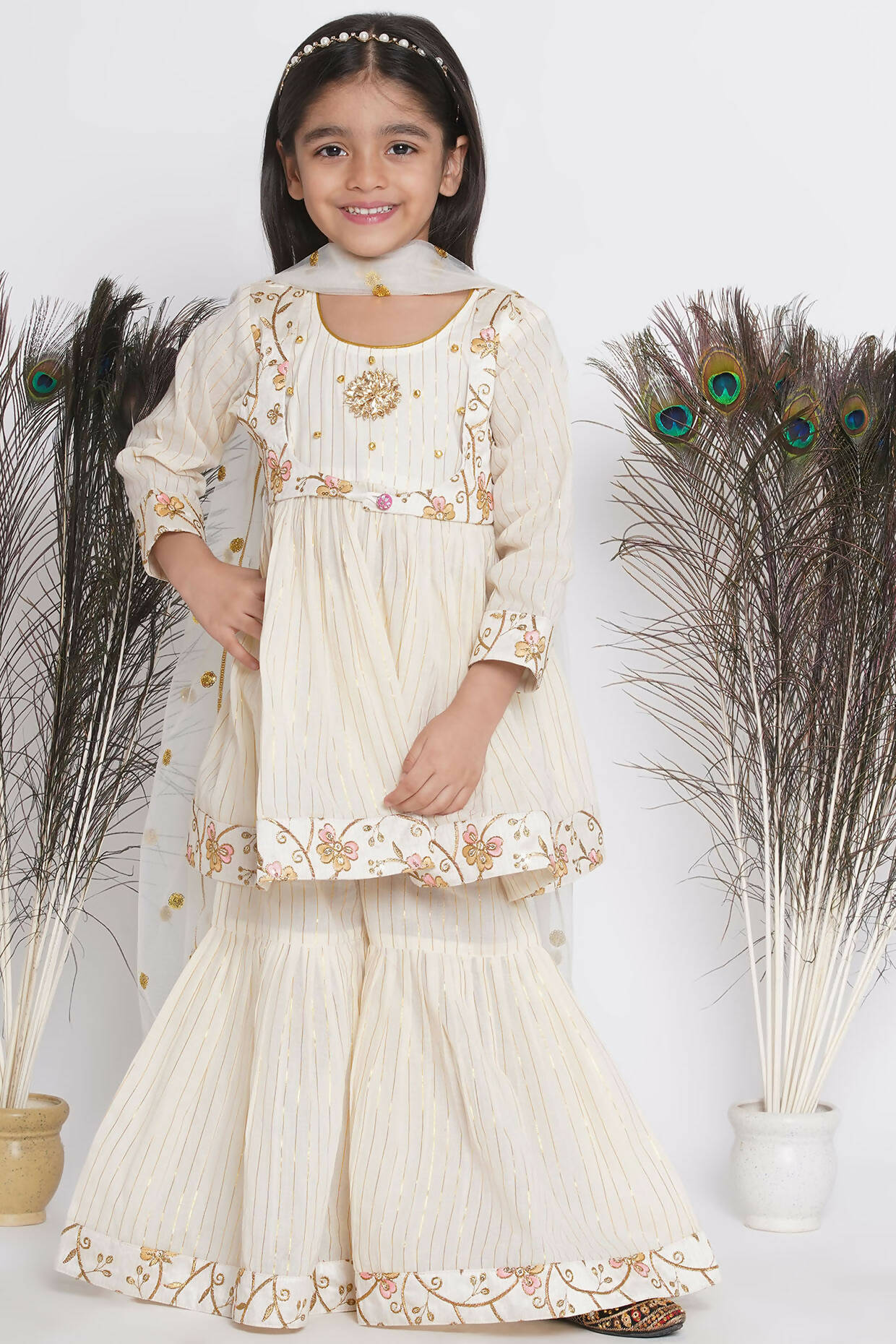 Little Bansi Floral Embroidery Jacket With Cotton Lurex Frock Sharara And Dupatta With Ghungroo Handwork - Cream - Distacart