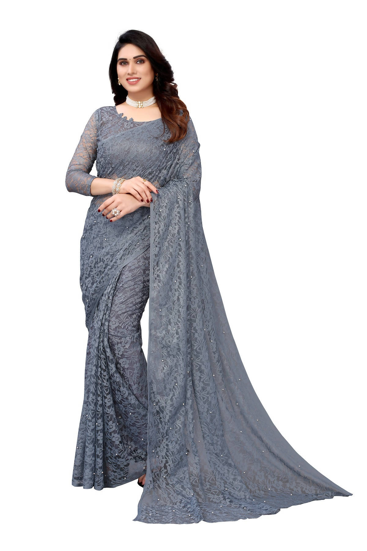 Vamika Ethnic Fire Grey Pearls Net Saree - Distacart