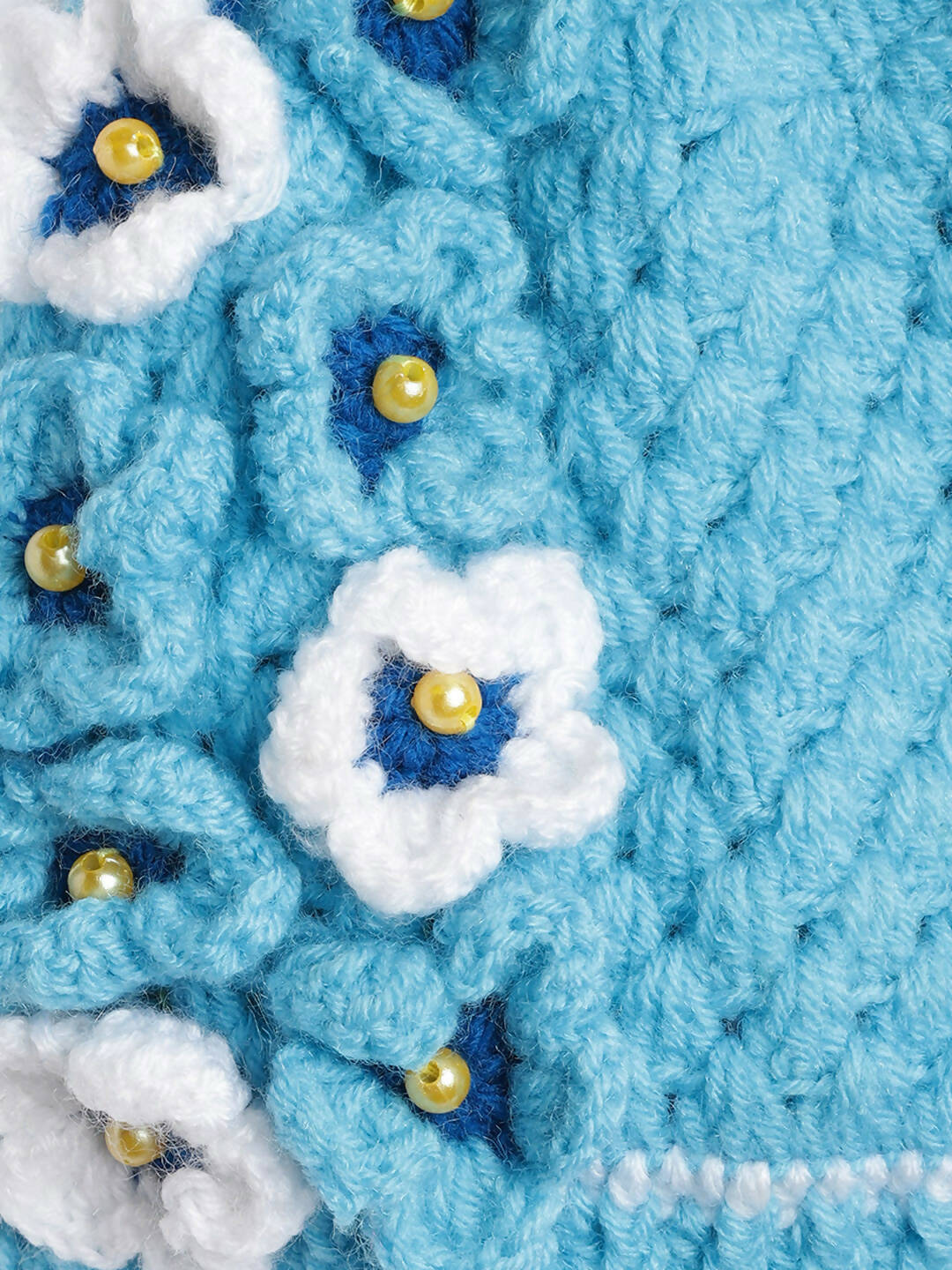 Chutput Kids Woollen Hand Knitted Pearl Embellished Floral Detailed Cap - Blue - Distacart