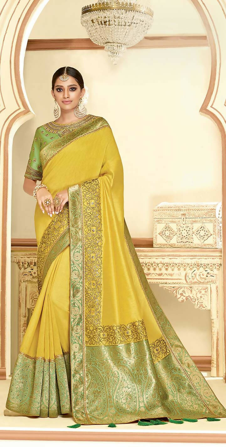 Yellow Satin Silk Zari Embroidery, Laser Cut Borders, Tassels Saree - Norita Alankrita - Distacart
