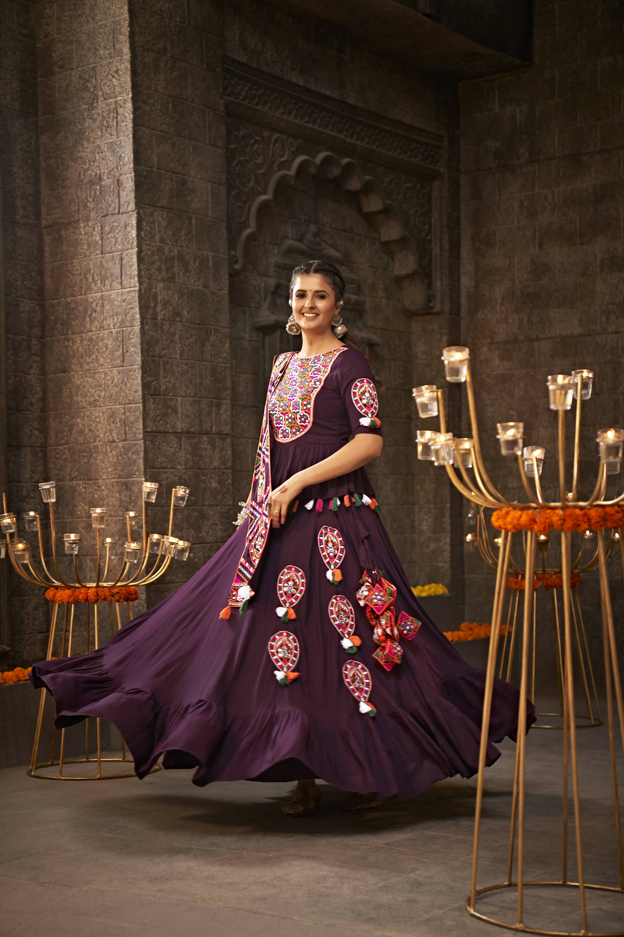 Purple Viscose Rayon Thread Embroidered Navratri Lehenga Choli with Dupatta - Raas - Distacart