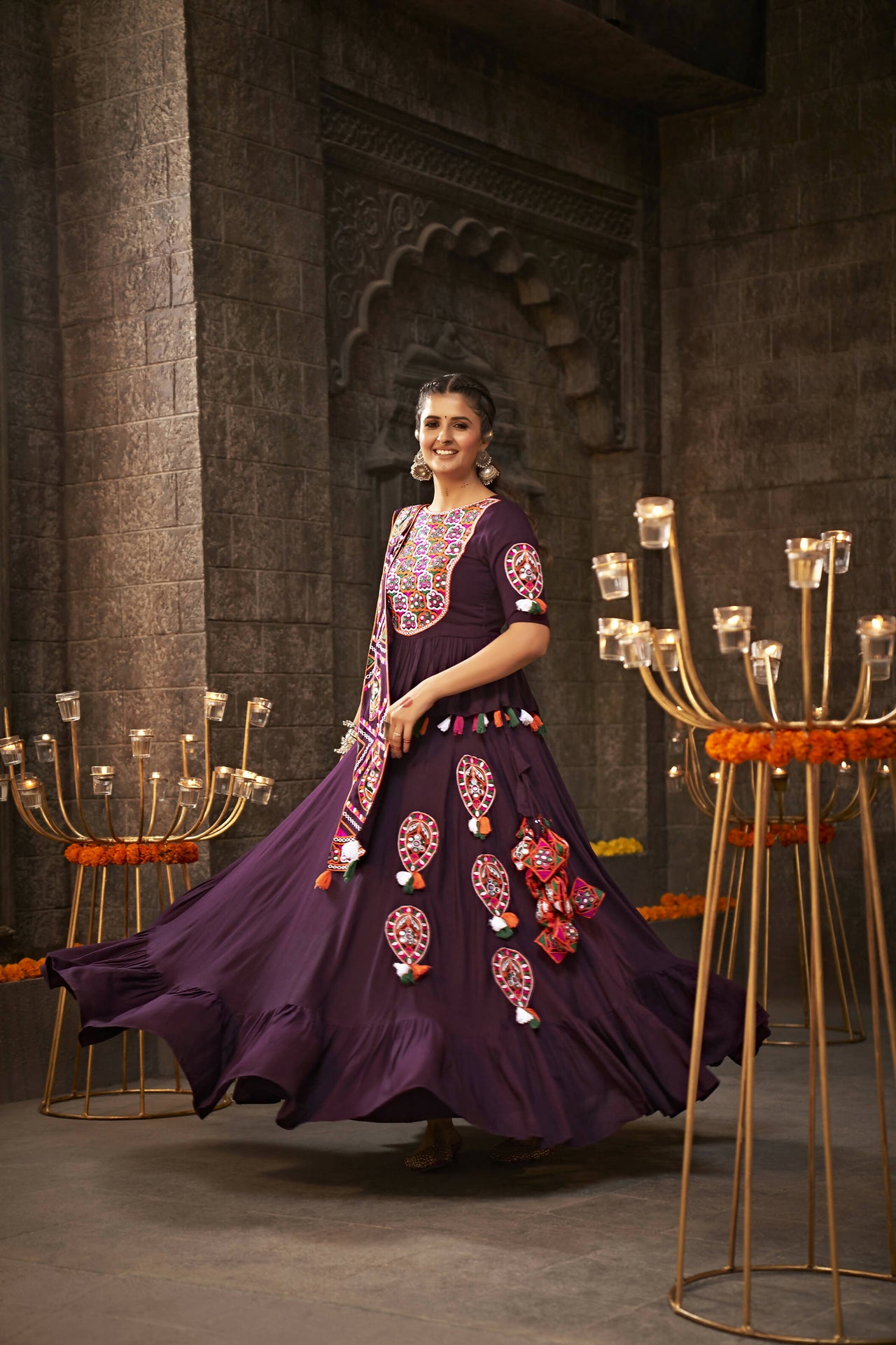Purple Viscose Rayon Thread Embroidered Navratri Lehenga Choli with Dupatta - Raas - Distacart