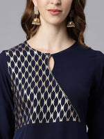 Thumbnail for Janasya Navy Blue & Gold-Toned Printed Yoke Design Keyhole Neck Crepe Anarkali Kurta - Distacart