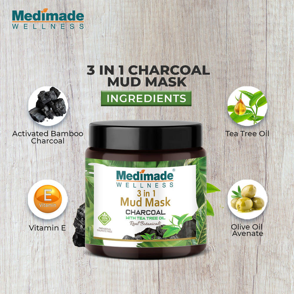 Medimade Wellness 3 in 1 Mud Mask Charcoal with Tea Tree Oil