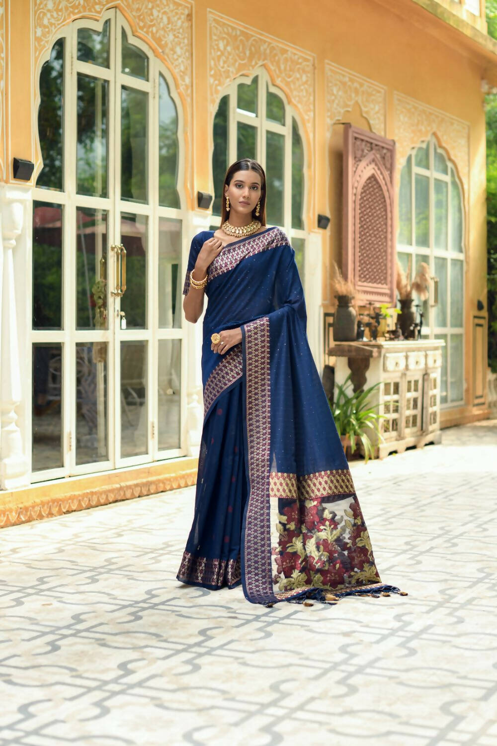 Vishnu Weaves Women's Blue Cotton Silk Zari Woven Butta Work Saree with Blouse - Distacart