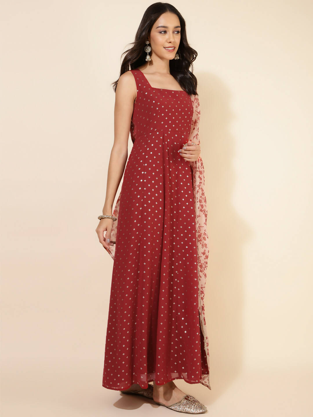 Janasya Women's Red Georgette Foil Printed Festive Anarkali Kurta Set - Distacart