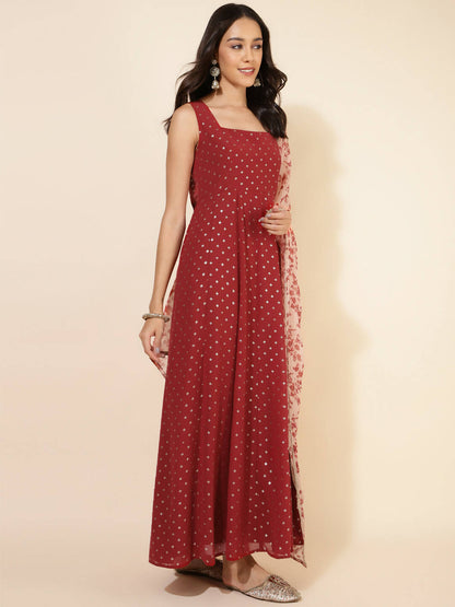 Janasya Women's Red Georgette Foil Printed Festive Anarkali Kurta Set - Distacart