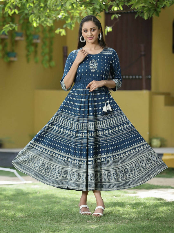 Juniper Blue Rayon Festive Printed Flared Dress For Women - Distacart