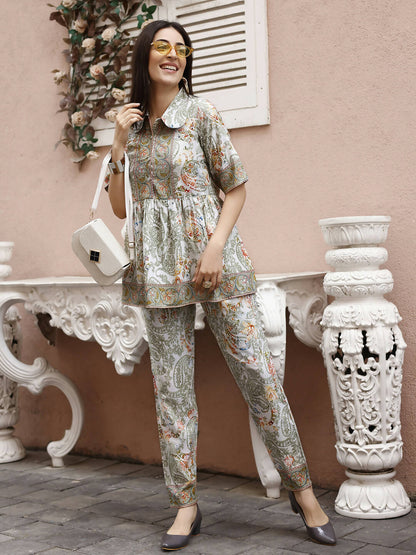 Off White Rayon Paisley Printed Top with Matching Bottom - Eesha - Distacart