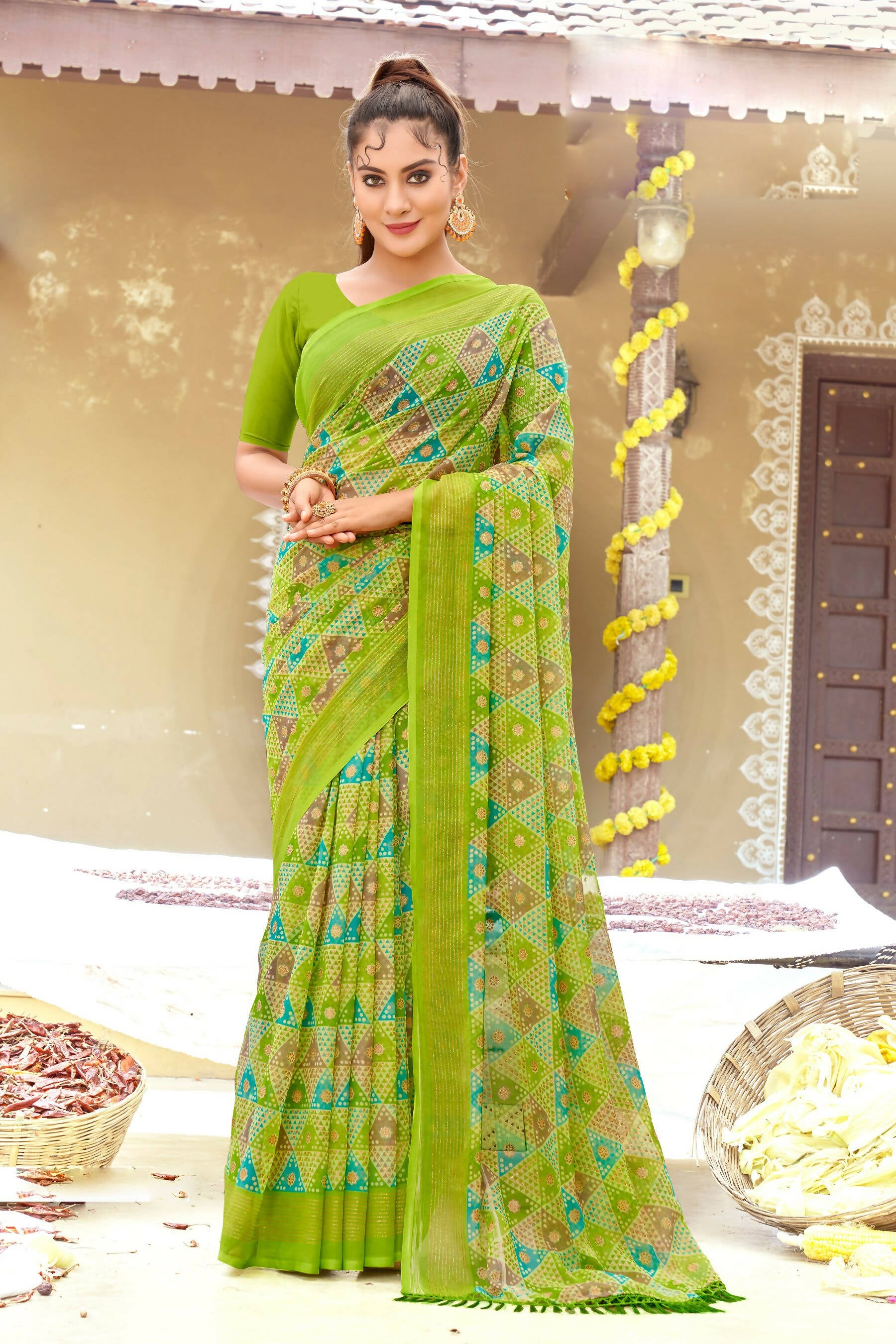 Green Chiffon Printed Ivory Print and Zari work Saree with Unstitched Blouse Piece - Shanaya - Distacart