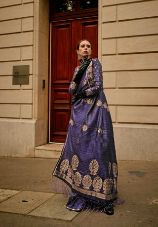 Navy Blue Weavead Thread & Zari Work, Handloom Weaving Banarasi Satin Silk Saree - Rajtex Kronicle Silk - Distacart