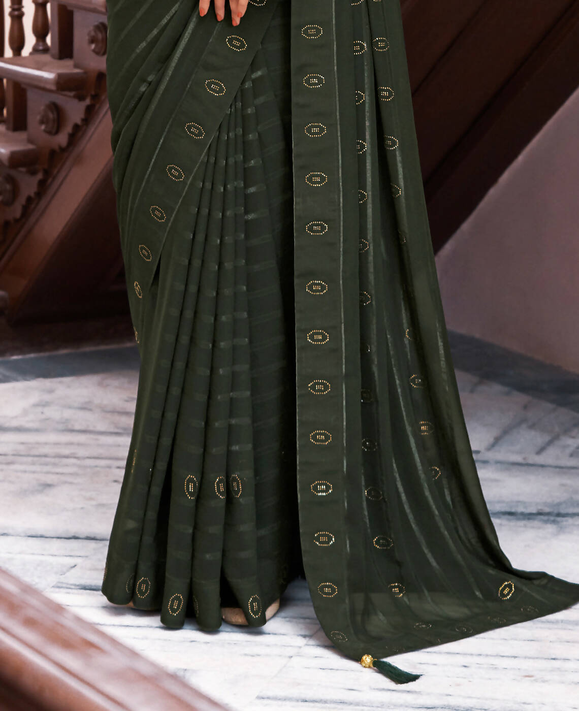 Green Georgette Swaroski Work Saree With Unstitched Blouse Piece - Juhi - Distacart