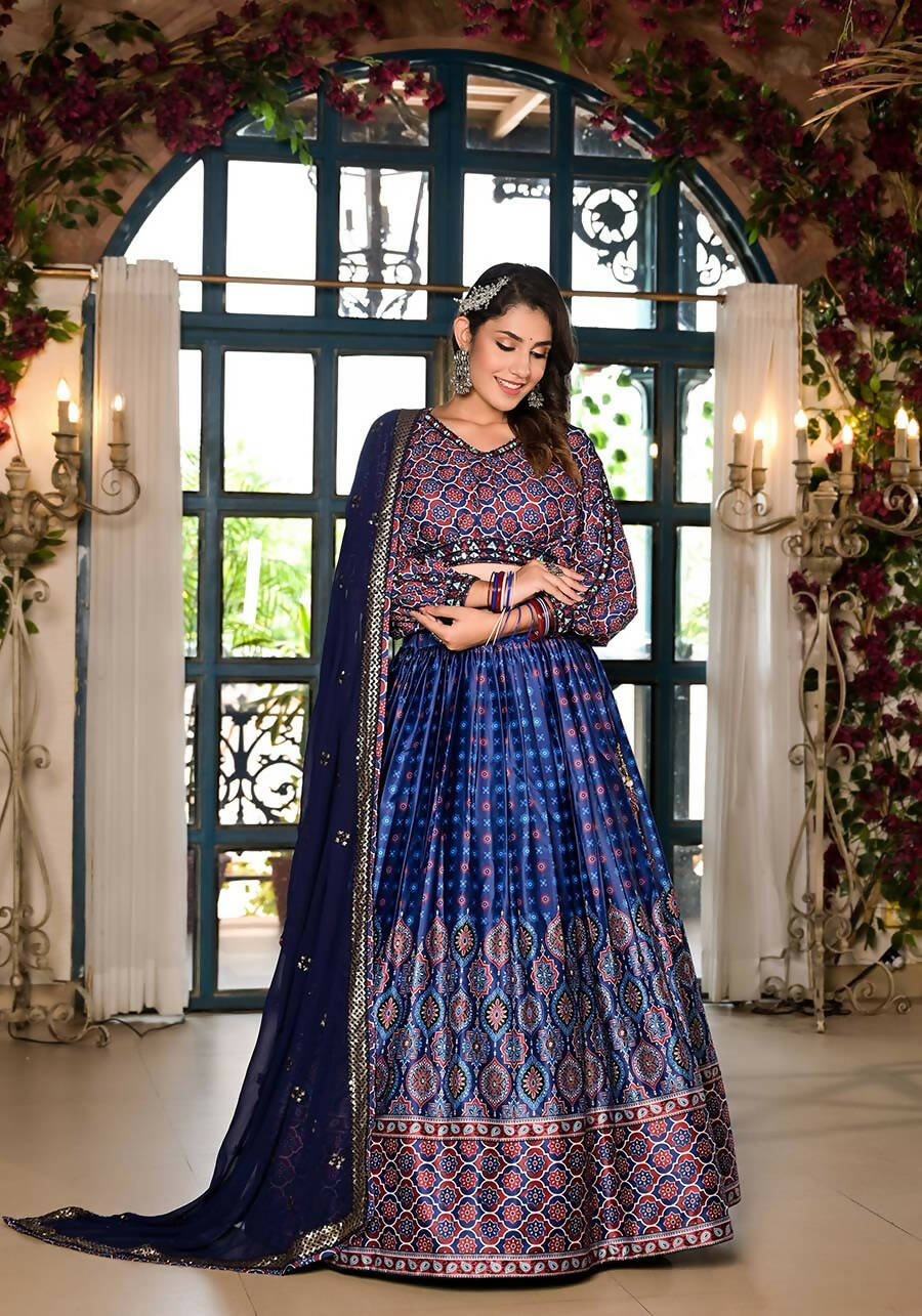 Women's Wedding Traditional Blue Dull Satin Lehenga Choli - Kaushlya - Distacart