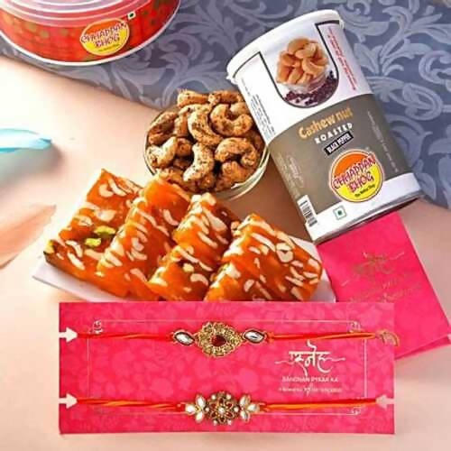 2 Designer Kundan Rakhis & Karachi Halwa Hamper Combo