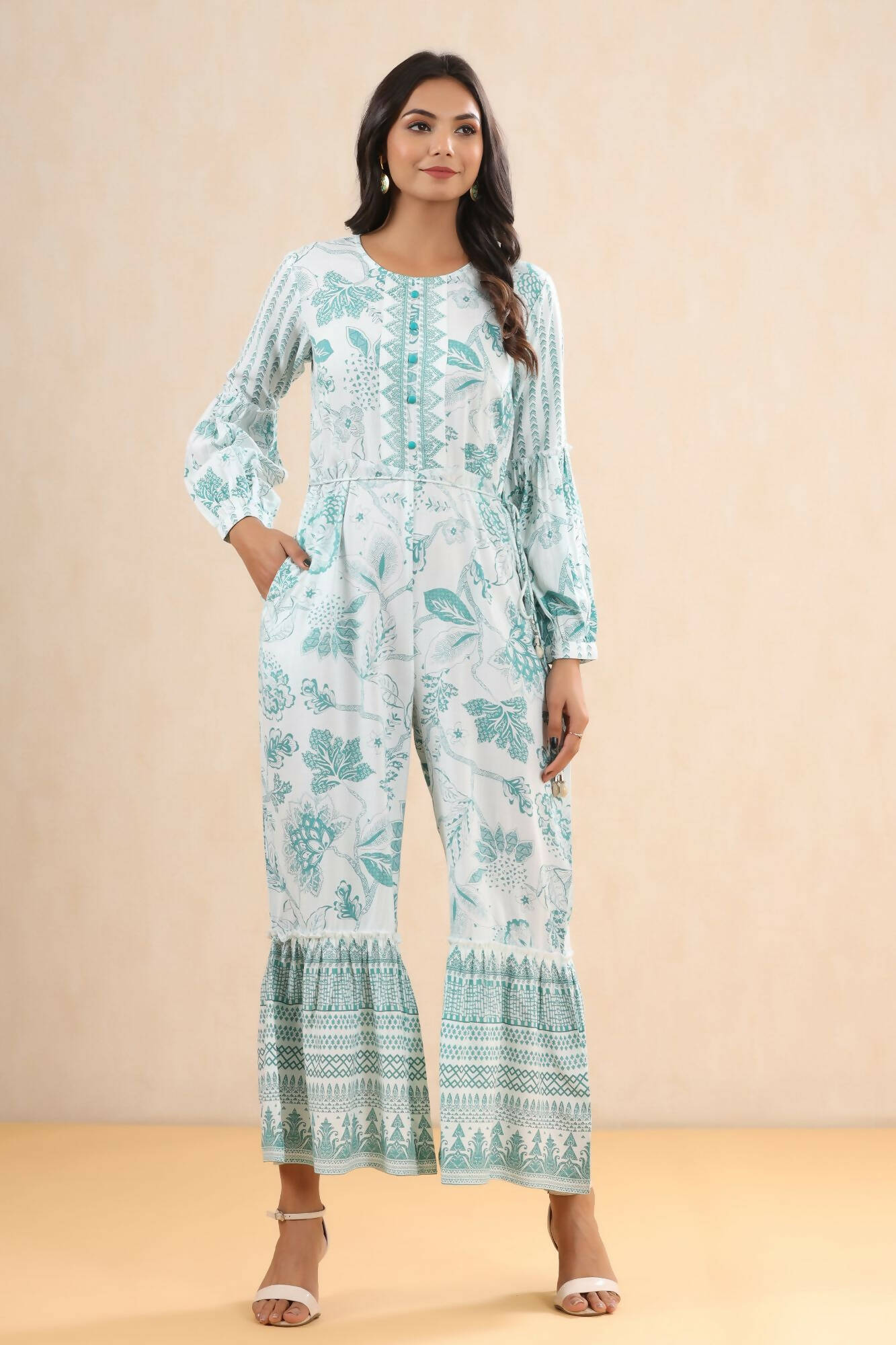 Juniper Women Teal Rayon Printed Straight Jumpsuit - Distacart