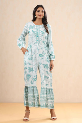 Juniper Women Teal Rayon Printed Straight Jumpsuit - Distacart
