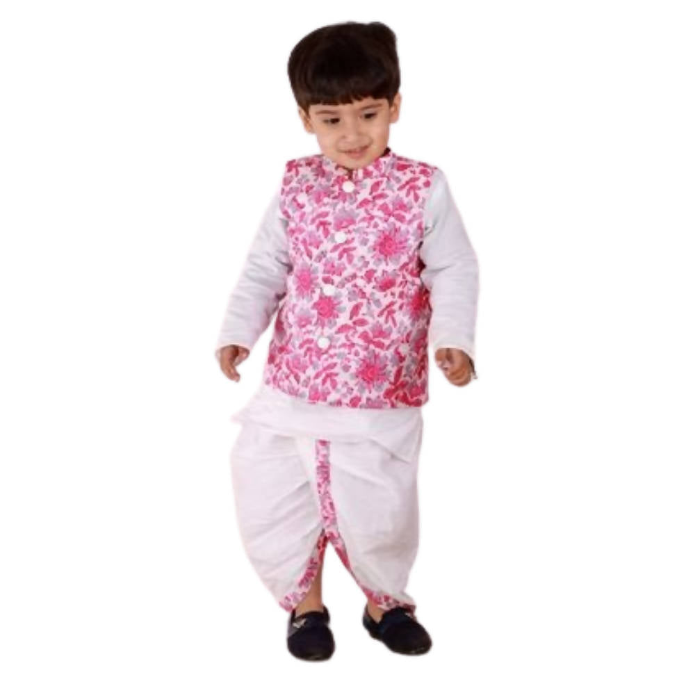 Little Bansi Pink and White Color Bengali Kantha work floral Jacket with Kurta and Dhoti
