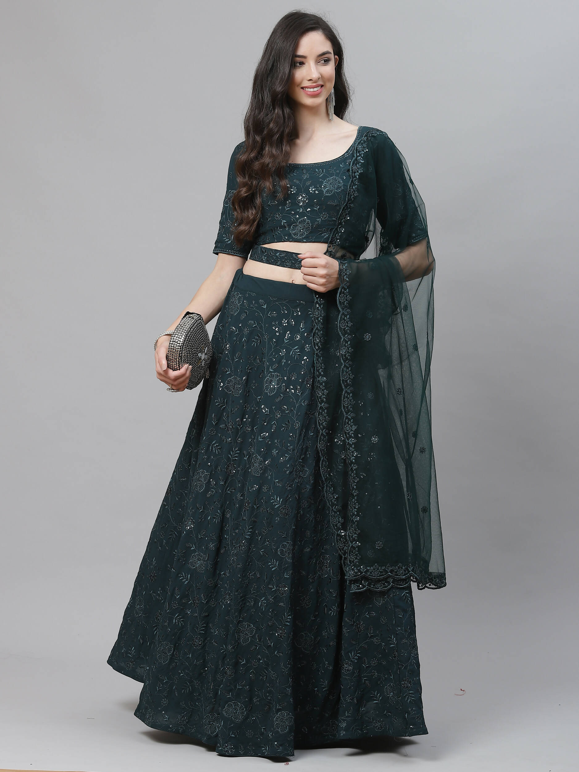Green Georgette Thread with Sequins Embroidery Work Lehenga Choli with Dupatta - Jivika - Distacart