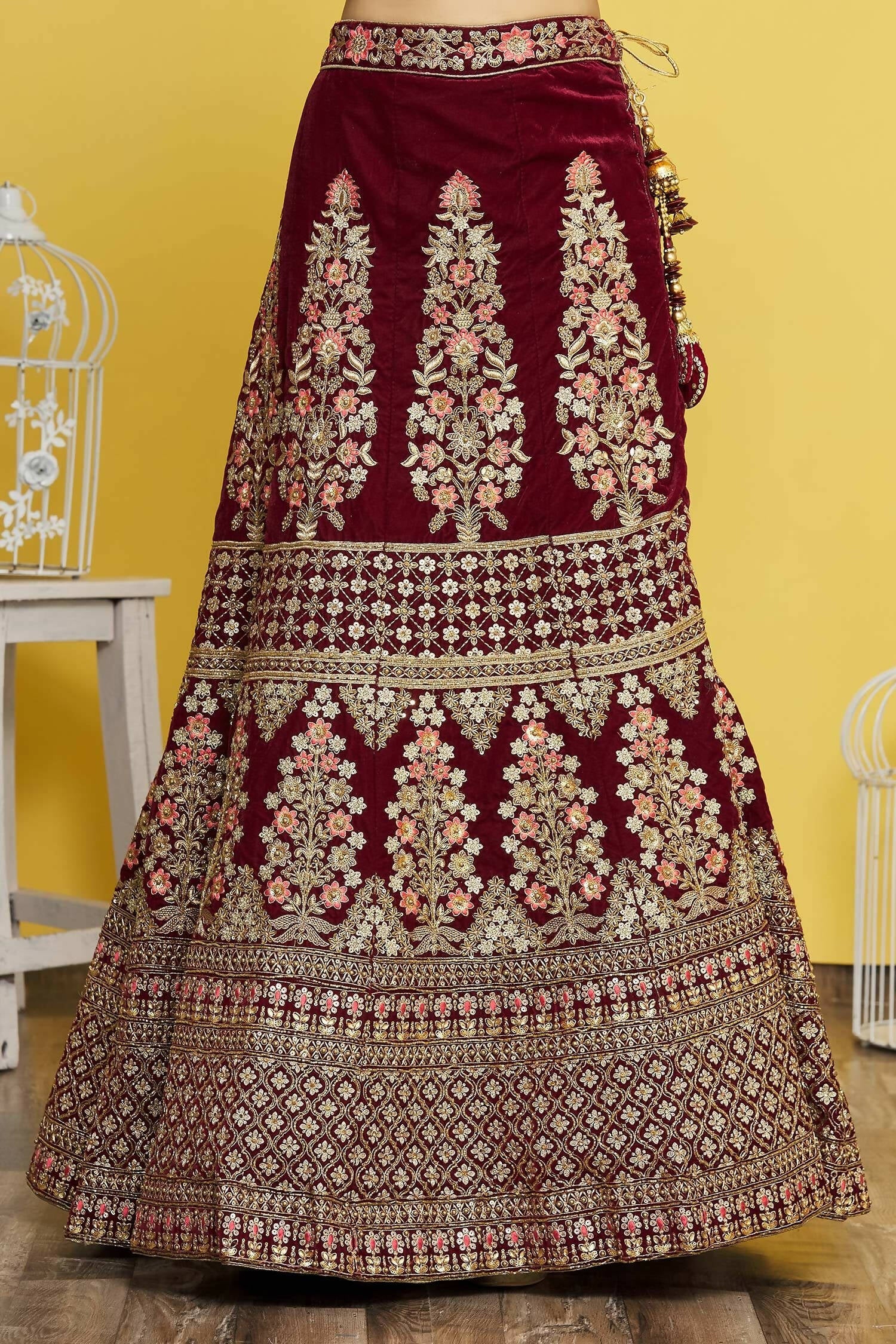 Maroon Velvet Semi-Stitched Wedding Bridal Lehenga - Nimaya - Distacart