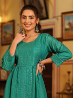 Thumbnail for Juniper Women's Teal Festive Embroiderd Flared Dress - Distacart