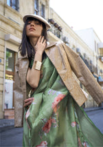 Thumbnail for Green Satin Organza Floral Woven Design Saree With Unstitched Blouse Piece - Klay's - Distacart