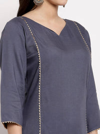 Thumbnail for Myshka Women's Grey Cotton Solid 3/4 Sleeve V Neck Casual Kurta Palazzo Dupatta Set