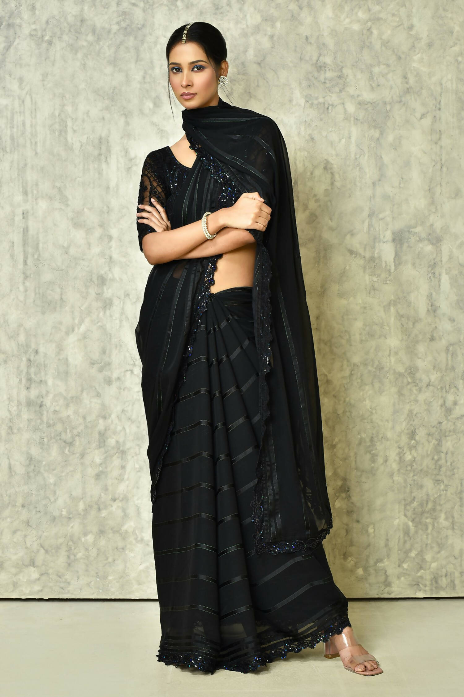 Black Silk Stripe Saree With Blouse Piece - Purvi - Distacart