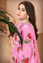 Thumbnail for Pink Georgette Floral Printed Saree With Unstitched Blouse Piece - Jyoti - Distacart