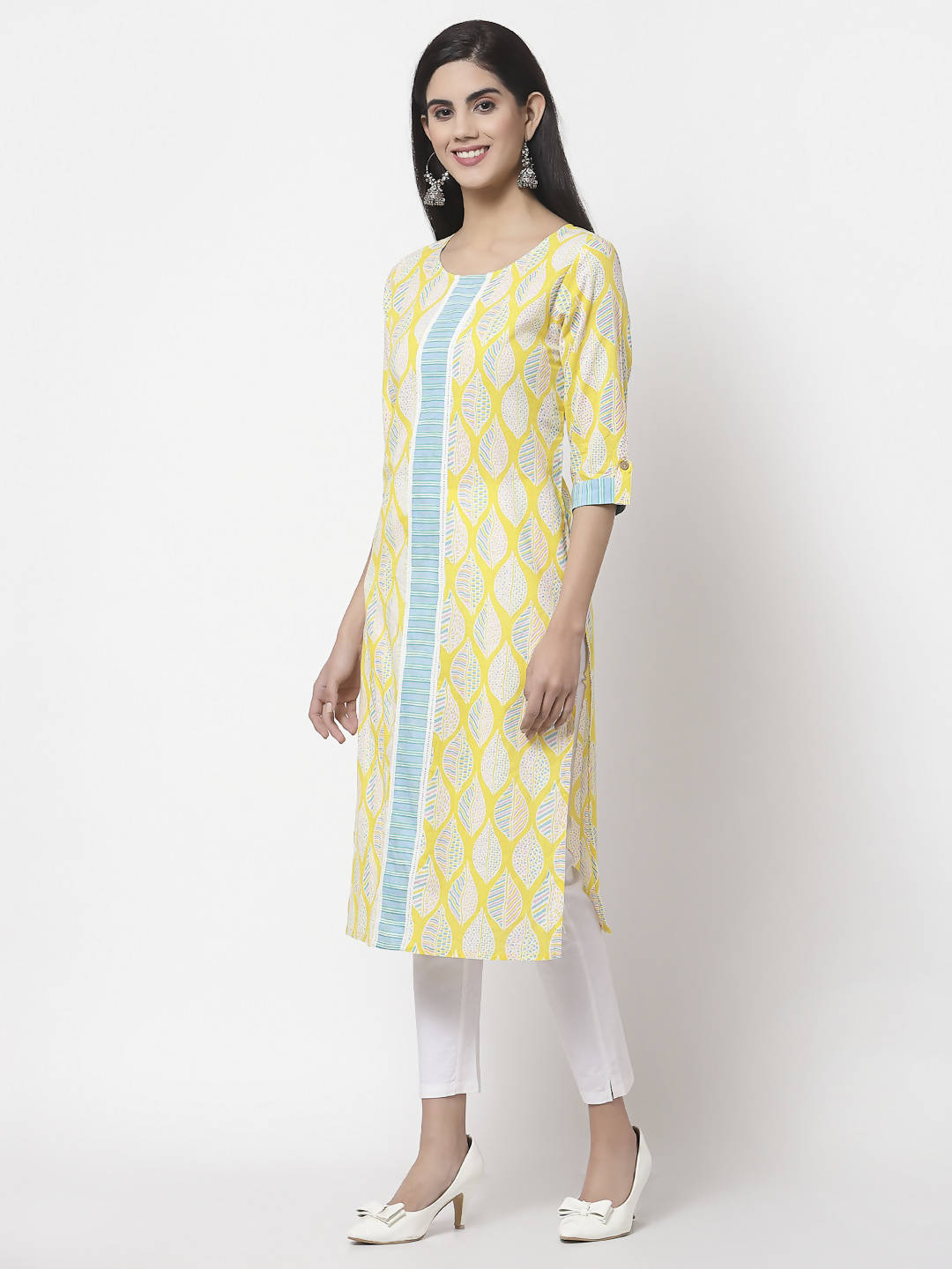 Myshka Women Yellow Cotton Printed 3/4 Sleeve Round Neck Kurta