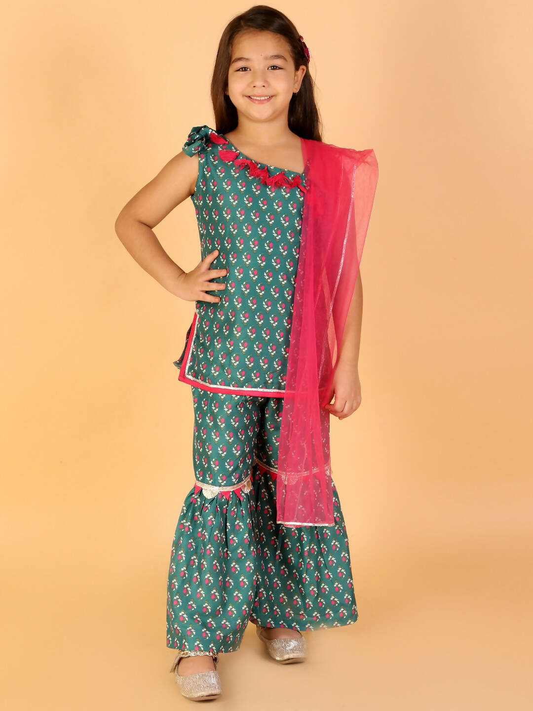 Lil Drama Girls Kurta With Sharara With Dupatta Set - Green - Distacart