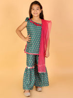 Thumbnail for Lil Drama Girls Kurta With Sharara With Dupatta Set - Green - Distacart