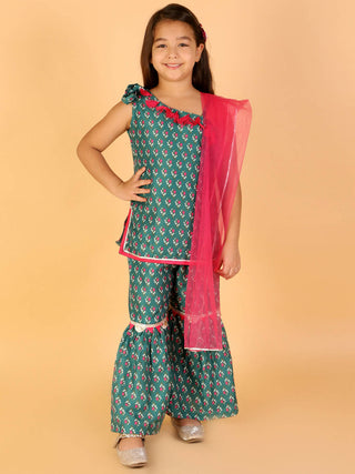 Lil Drama Girls Kurta With Sharara With Dupatta Set - Green - Distacart