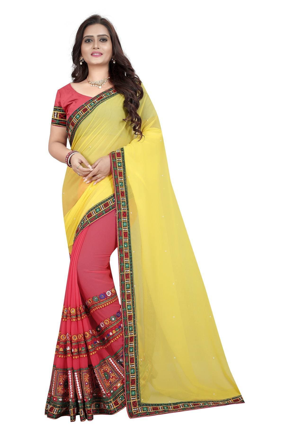 Vamika Peach & Yellow Georgette Designer Saree