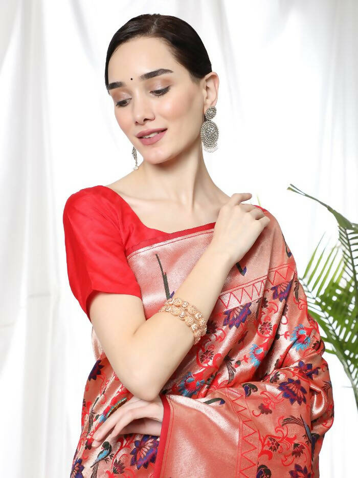 Vishnu Weaves Women's Red Paithani Silk Zari Woven Saree with Unstitched Blouse - Distacart