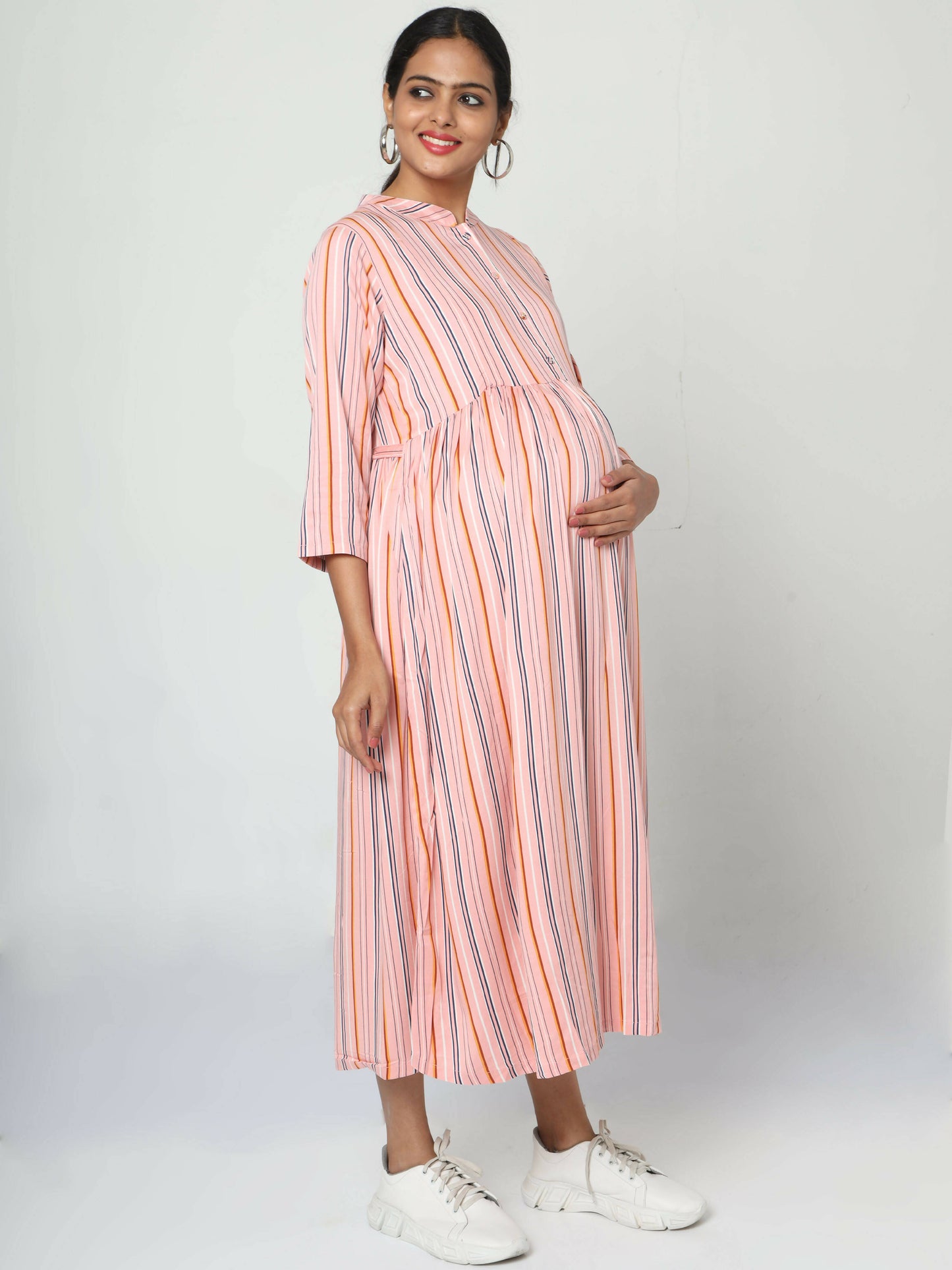 Manet Three Fourth Maternity Dress Strip Print With Concealed Zipper Nursing Access - Pink - Distacart