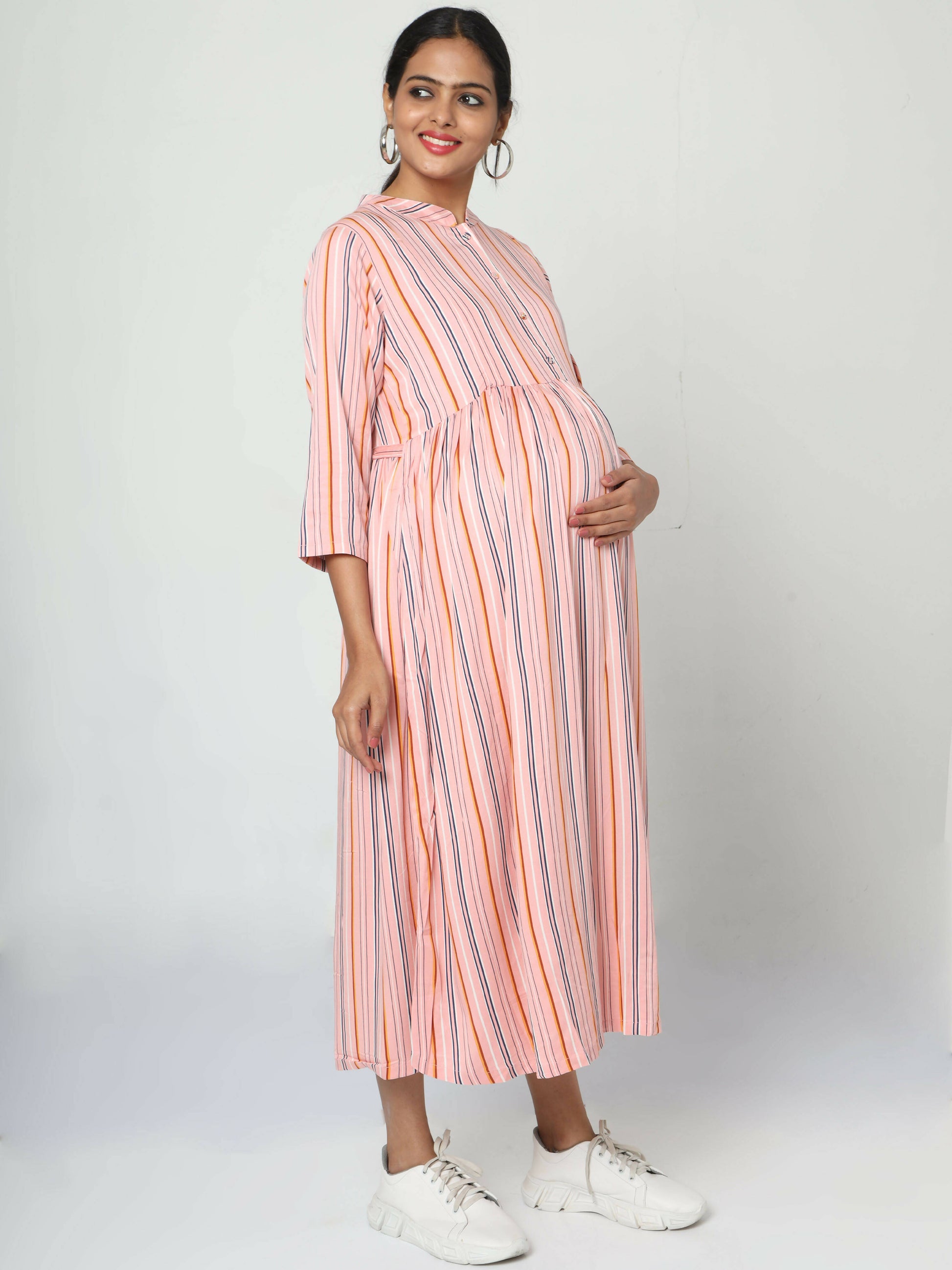 Manet Three Fourth Maternity Dress Strip Print With Concealed Zipper Nursing Access - Pink - Distacart