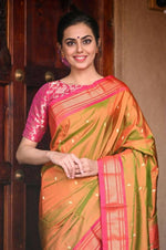 Thumbnail for Very Much Indian Handloom Yeola Pure Silk Paithani - Dual Tone Green Pink - Distacart