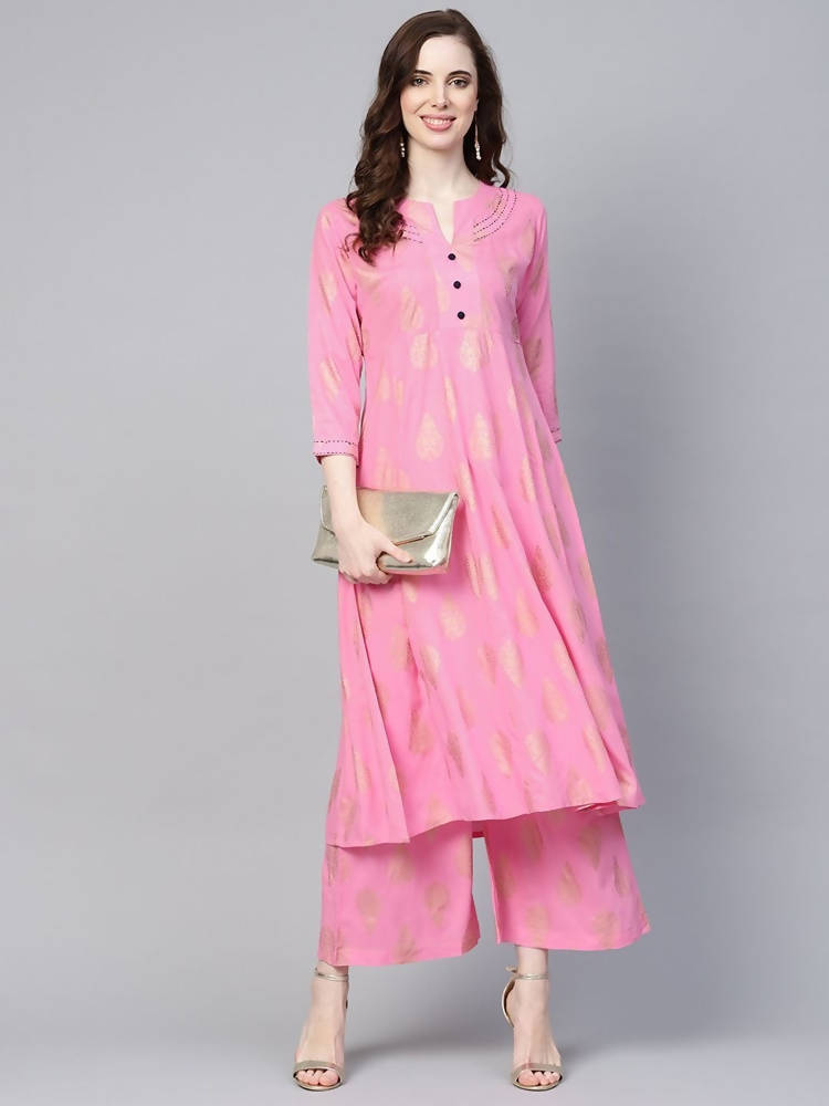 Yufta Women Pink & Golden Printed Kurta with Palazzo