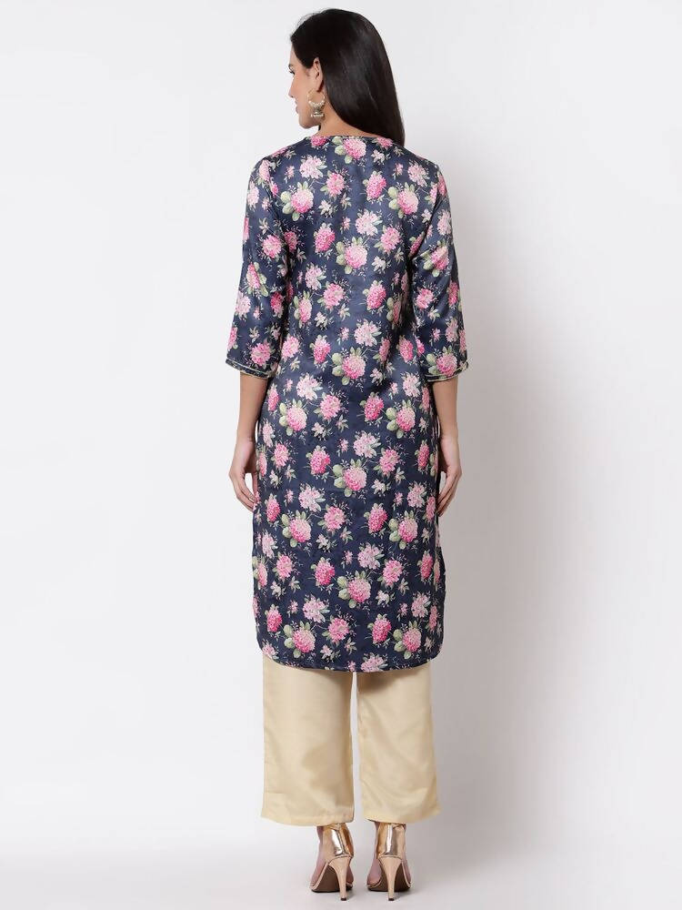 Myshka Silk Printed 3/4 Sleeve Round Neck Casual Blue Women's Kurta