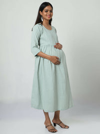 Thumbnail for Manet Three Fourth Maternity Dress Striped With Concealed Zipper Nursing Access - Pista Green - Distacart