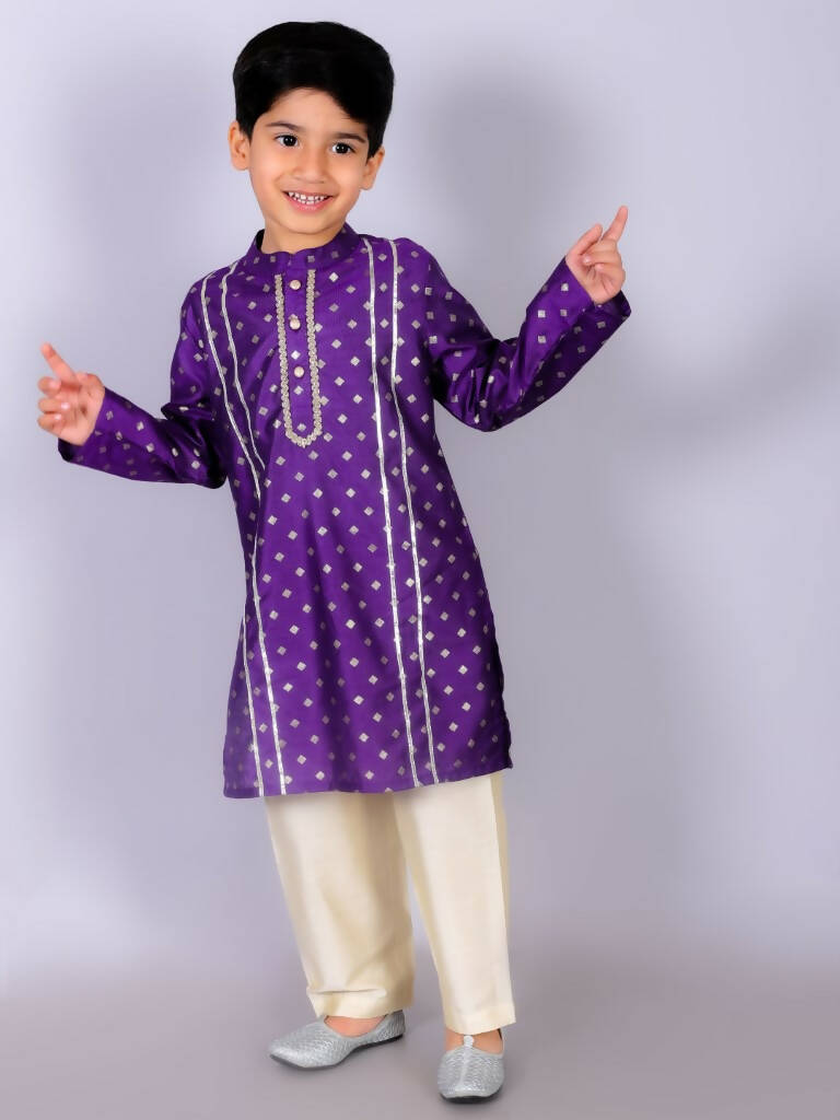 Lil Drama Ethnic Boys Purple Kurta with Golden pant set - Distacart