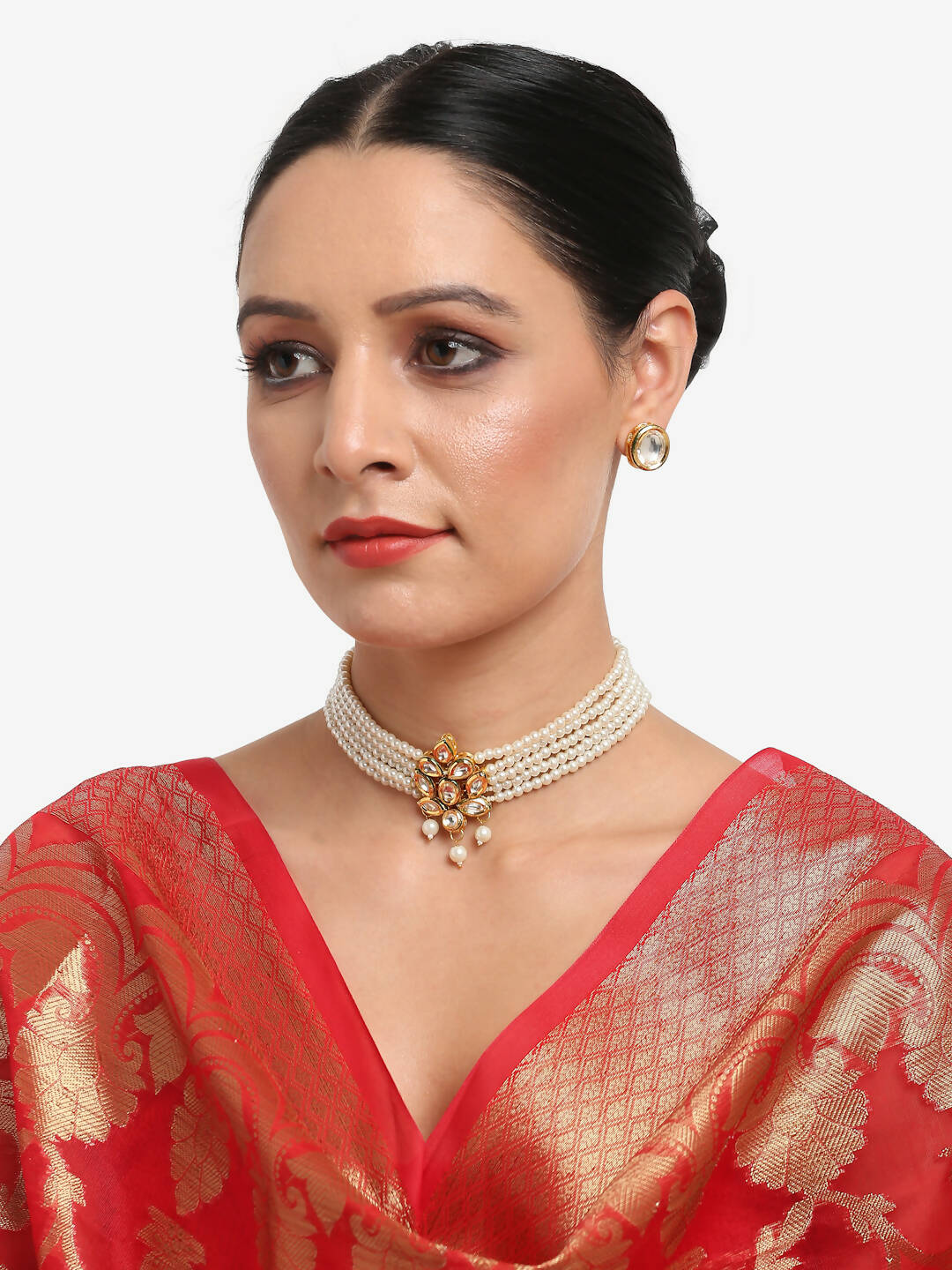 Gold-Plated White Pearl Kundan Choker With Studs - Ruby Raang - Distacart