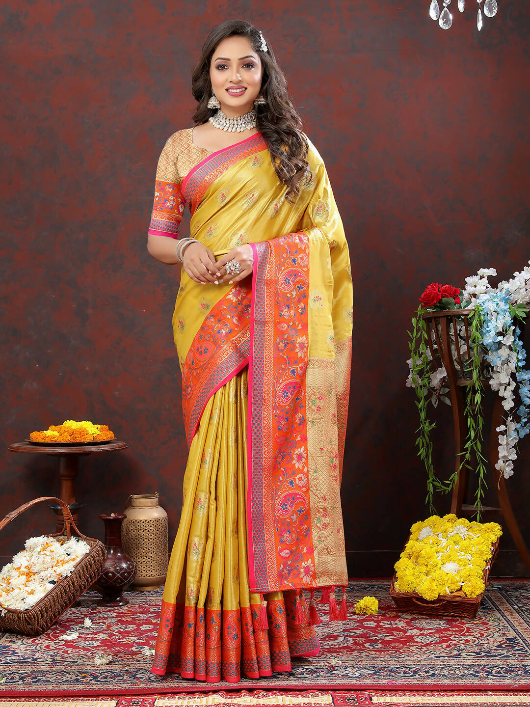 Lorenvalley Fashion Yellow Kanjivaram Silk Woven Design with Zari Weaving Saree - Distacart