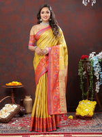 Thumbnail for Lorenvalley Fashion Yellow Kanjivaram Silk Woven Design with Zari Weaving Saree - Distacart
