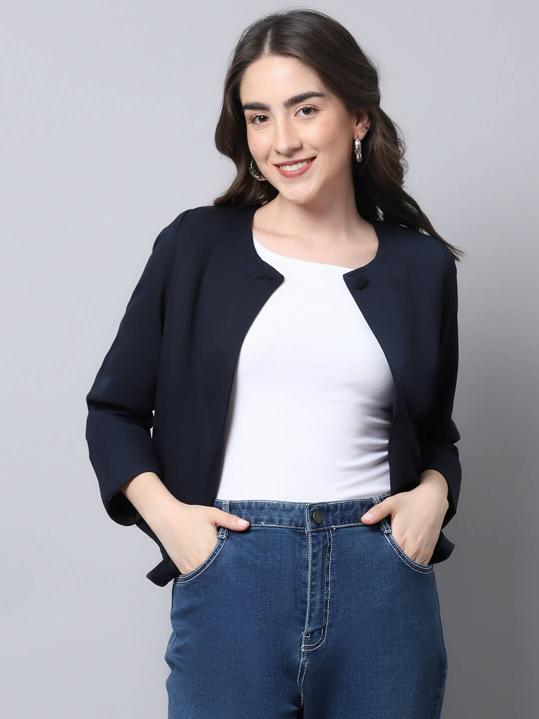 Even Apparels Navy Polywool Open Front Statement Women's Jacket - Distacart