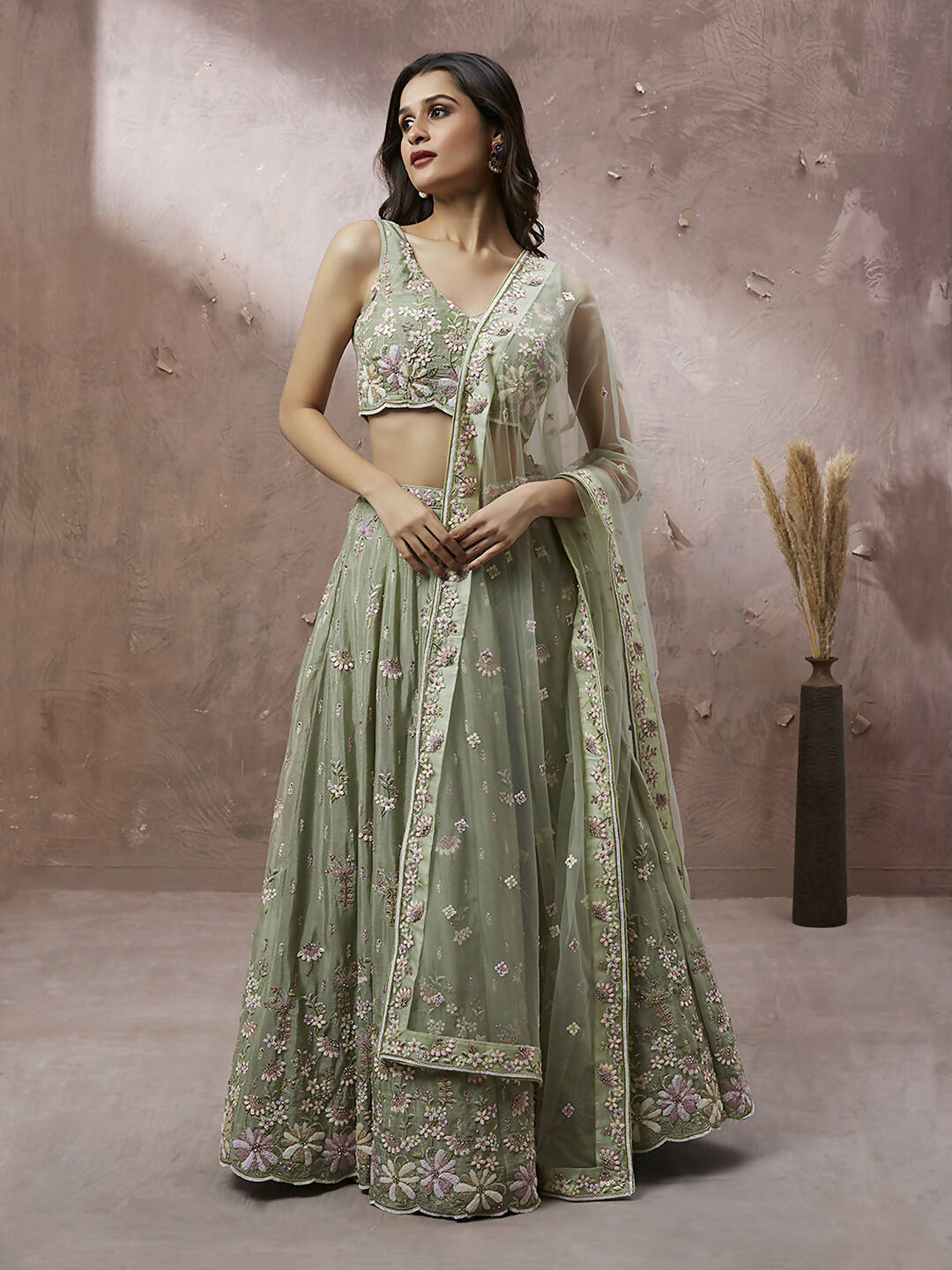 House of Panchhi Lime Green Pure Georgette Sequins with heavy Zarkan embroidery Lehenga choli & Dupatta - Distacart